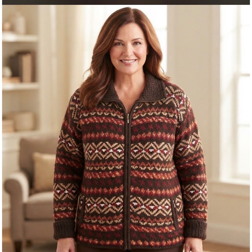 Vintage Dressbarn Cardigan Sweater Woman 18/20 Brown Fair Isle Mohair Wool Zip
